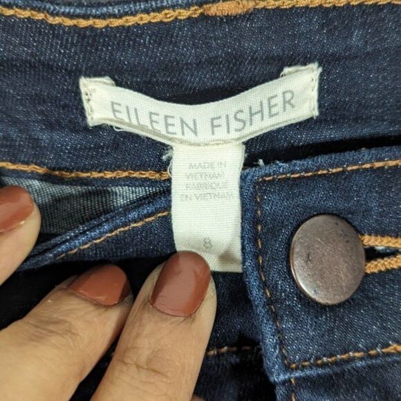 Eileen Fisher Jeans Women Sz 8 Raw Hem Blue Straight Leg Mid Rise Denim Pants - Picture 4 of 6